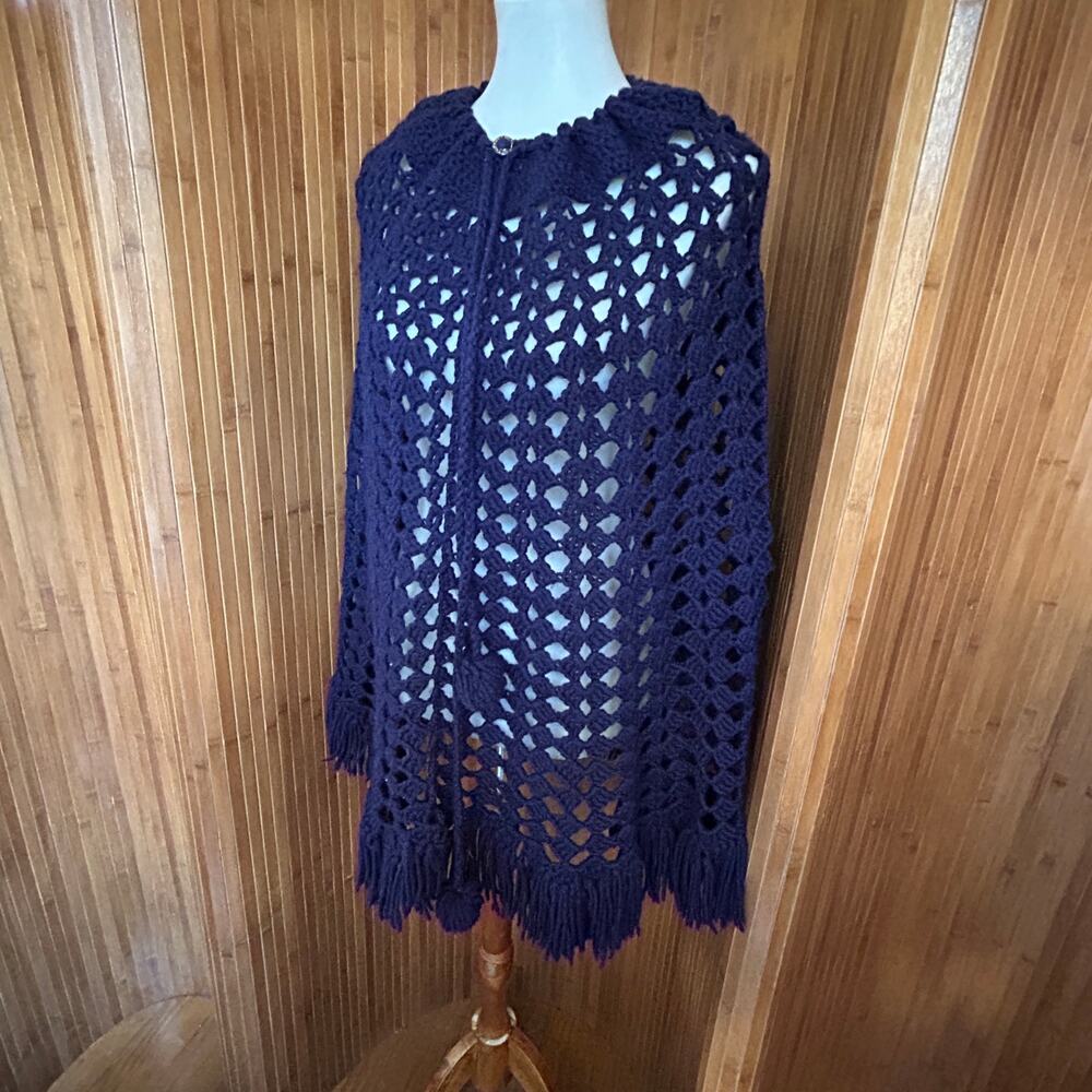 Vintage 1970s Indigo Blue Crochet Poncho